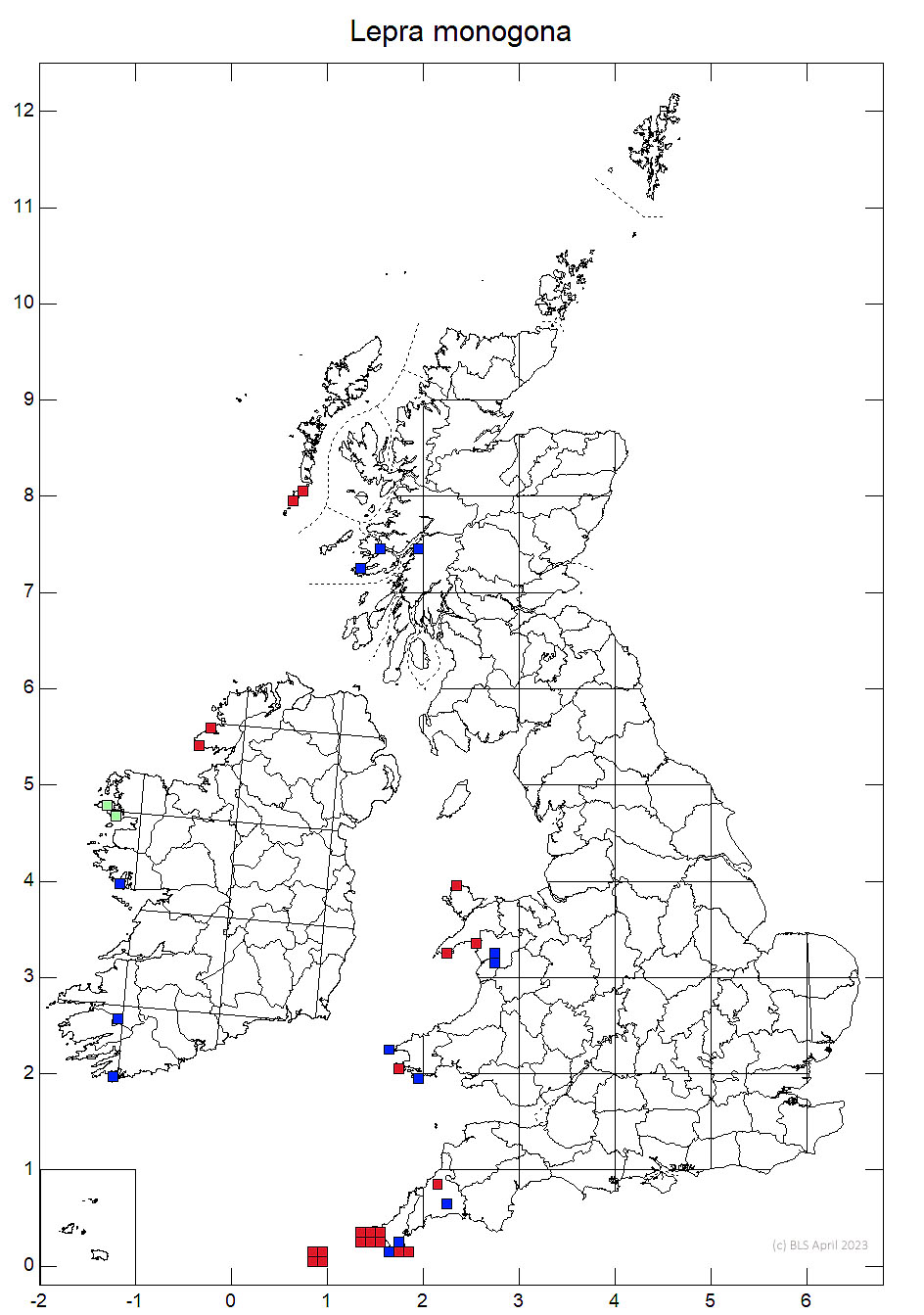 Lepra monogona 10km sq distribution map