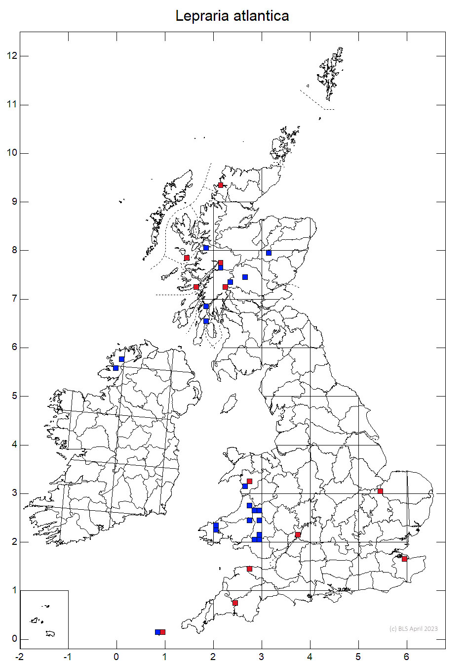 Lepraria atlantica 10km sq distribution map