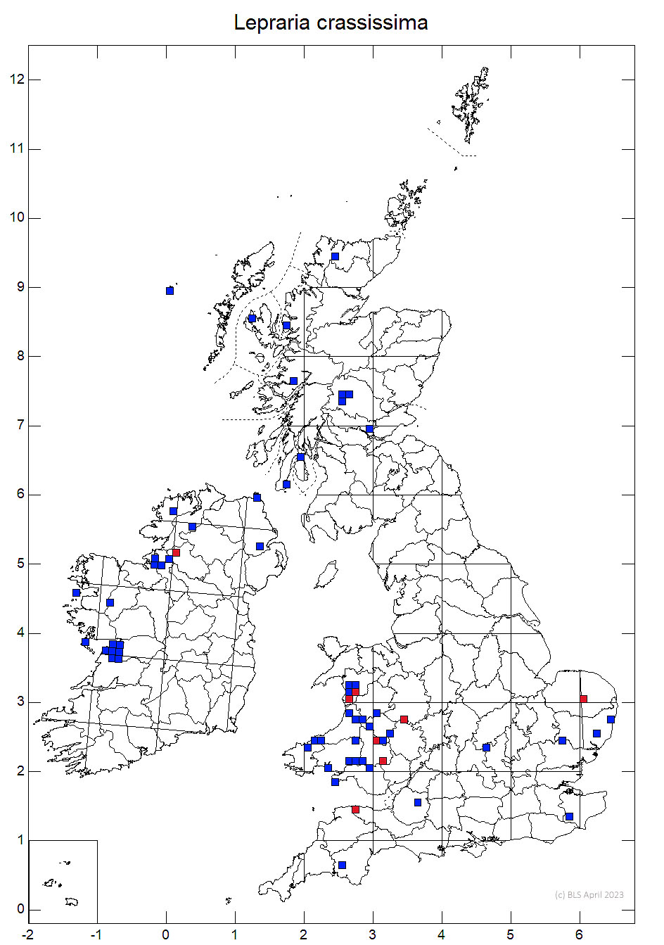 Lepraria crassissima 10km sq distribution map