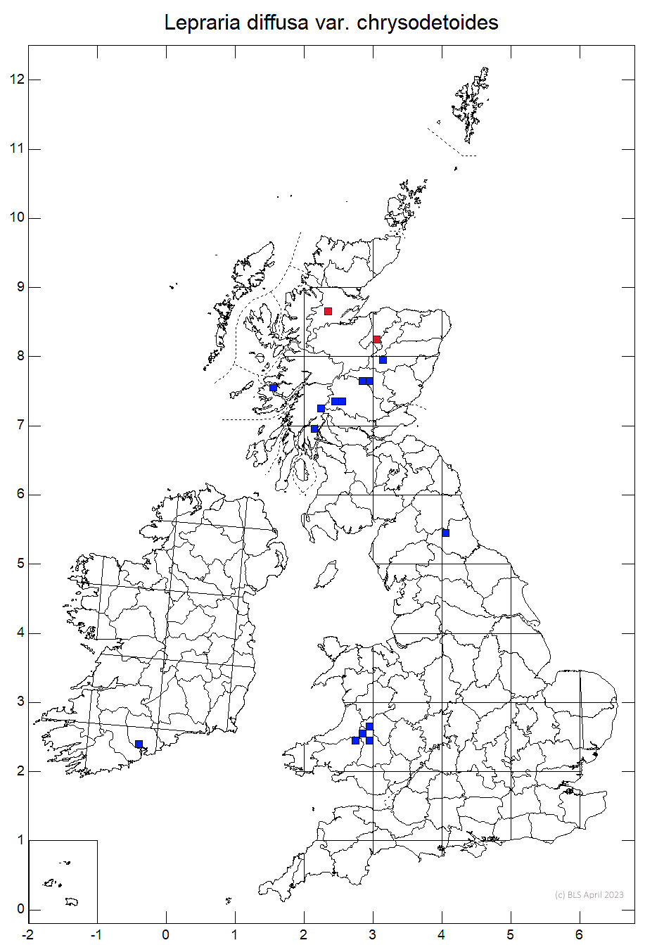 Lepraria diffusa var. chrysodetoides 10km sq distribution map