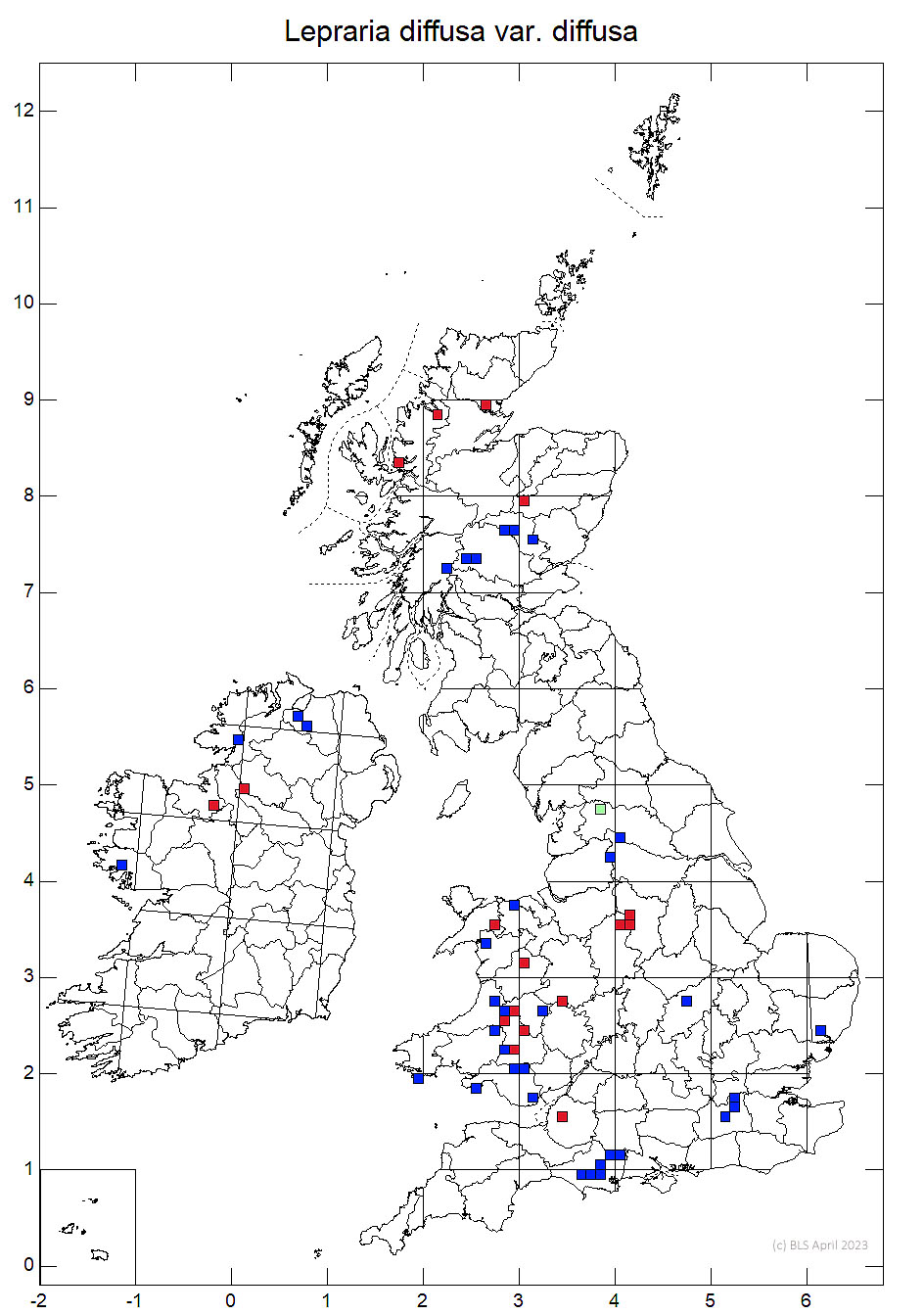 Lepraria diffusa var. diffusa 10km sq distribution map