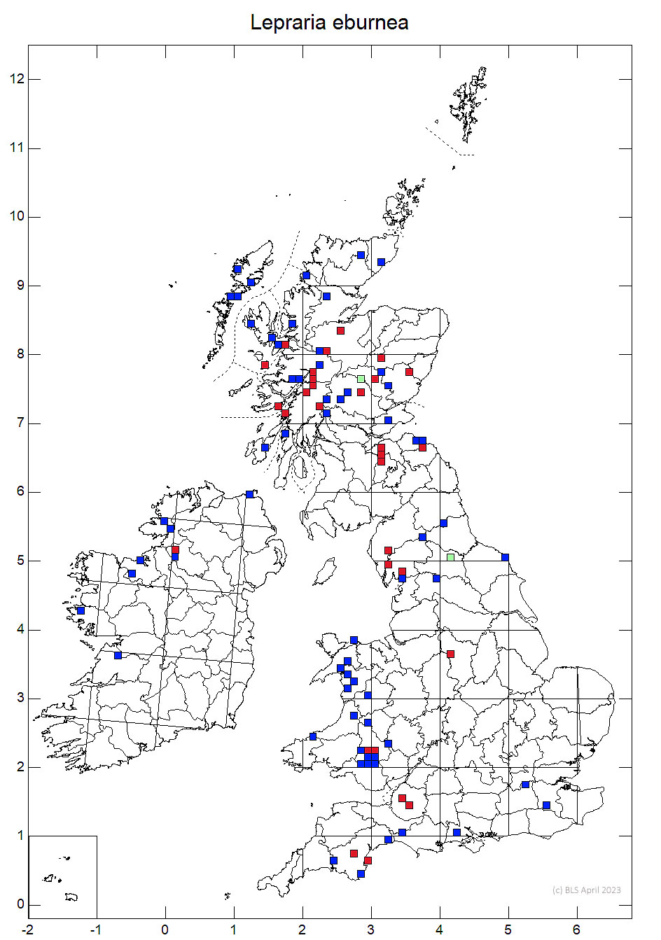 Lepraria eburnea 10km sq distribution map
