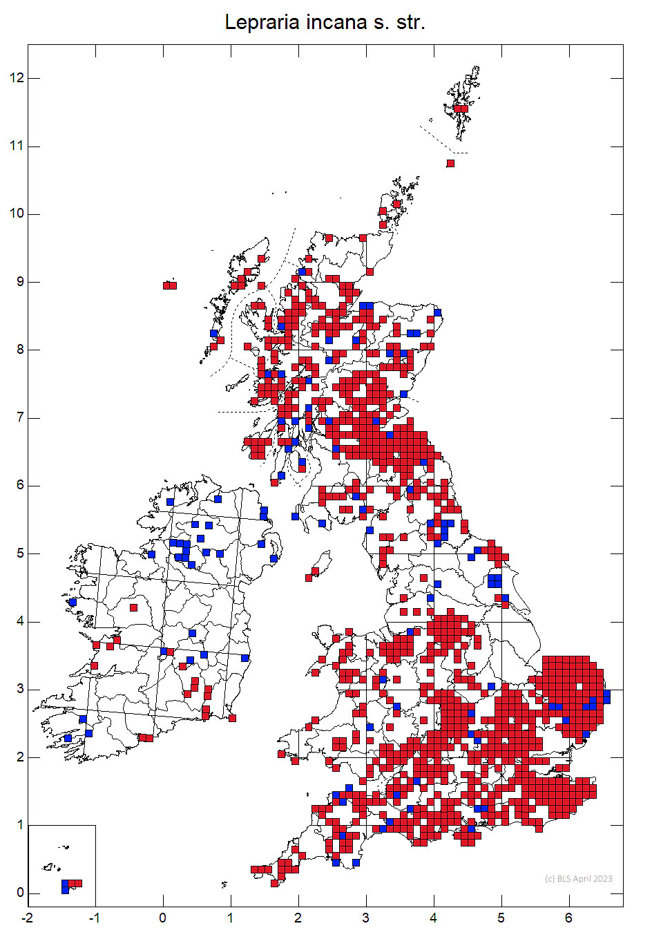 Lepraria incana s. str. 10km sq distribution map
