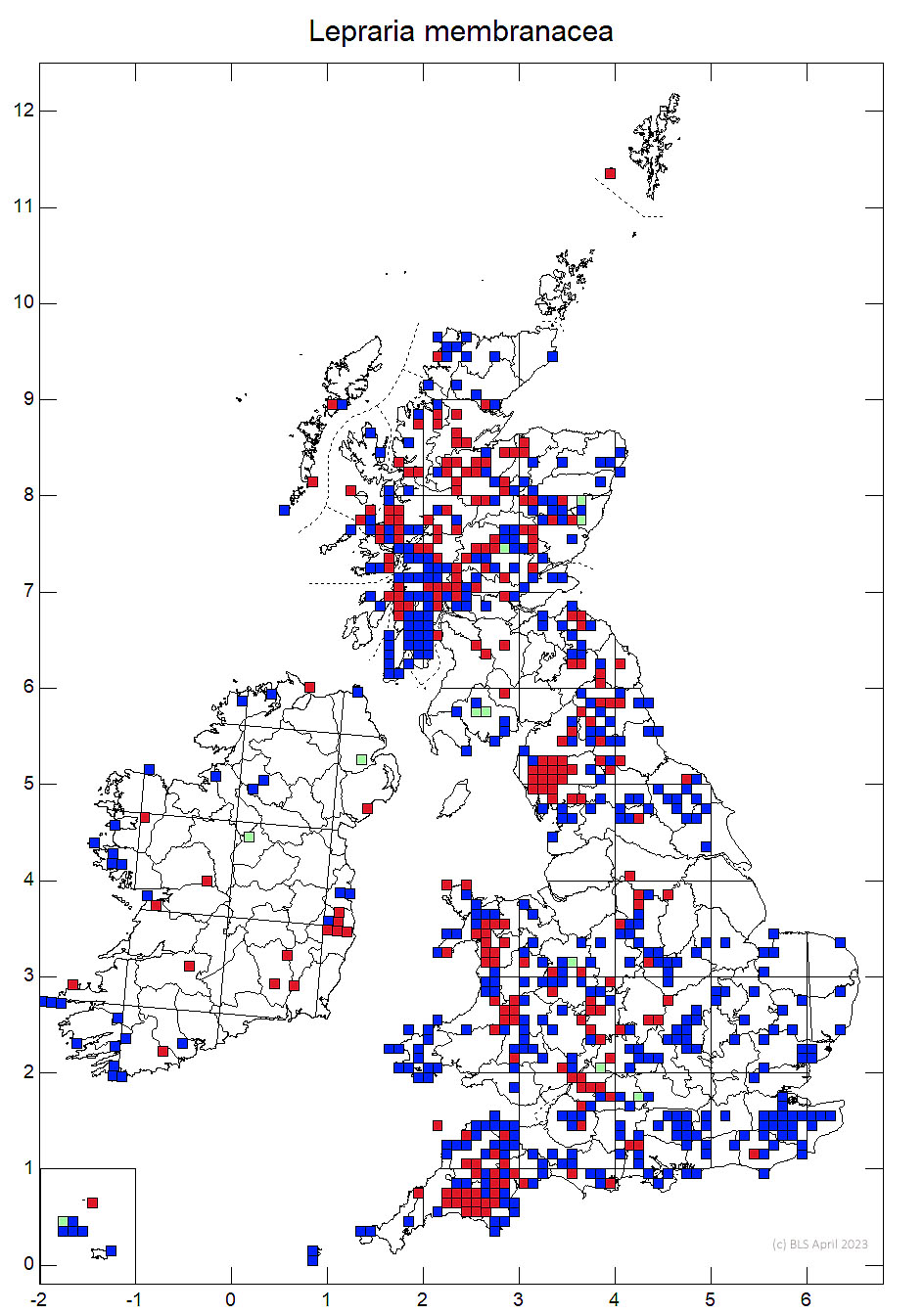 Lepraria membranacea 10km sq distribution map