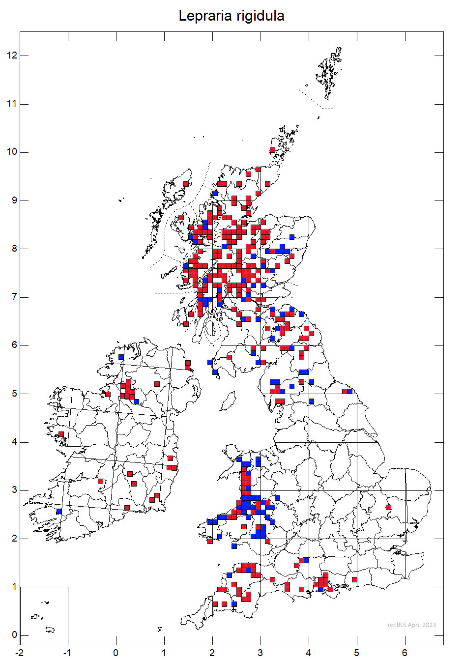 Lepraria rigidula 10km sq distribution map
