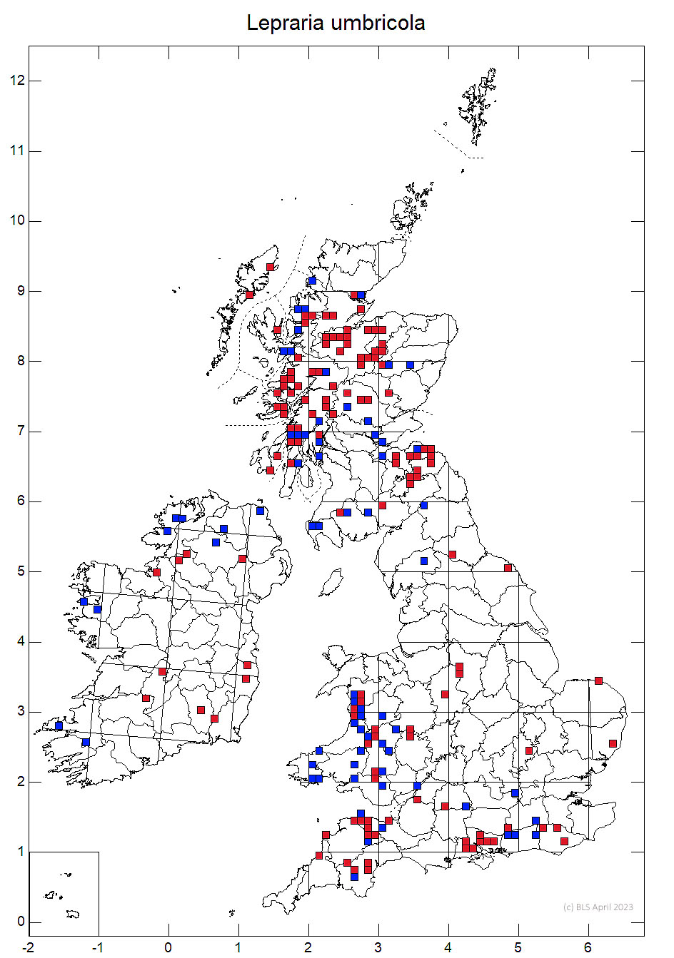 Lepraria umbricola 10km sq distribution map