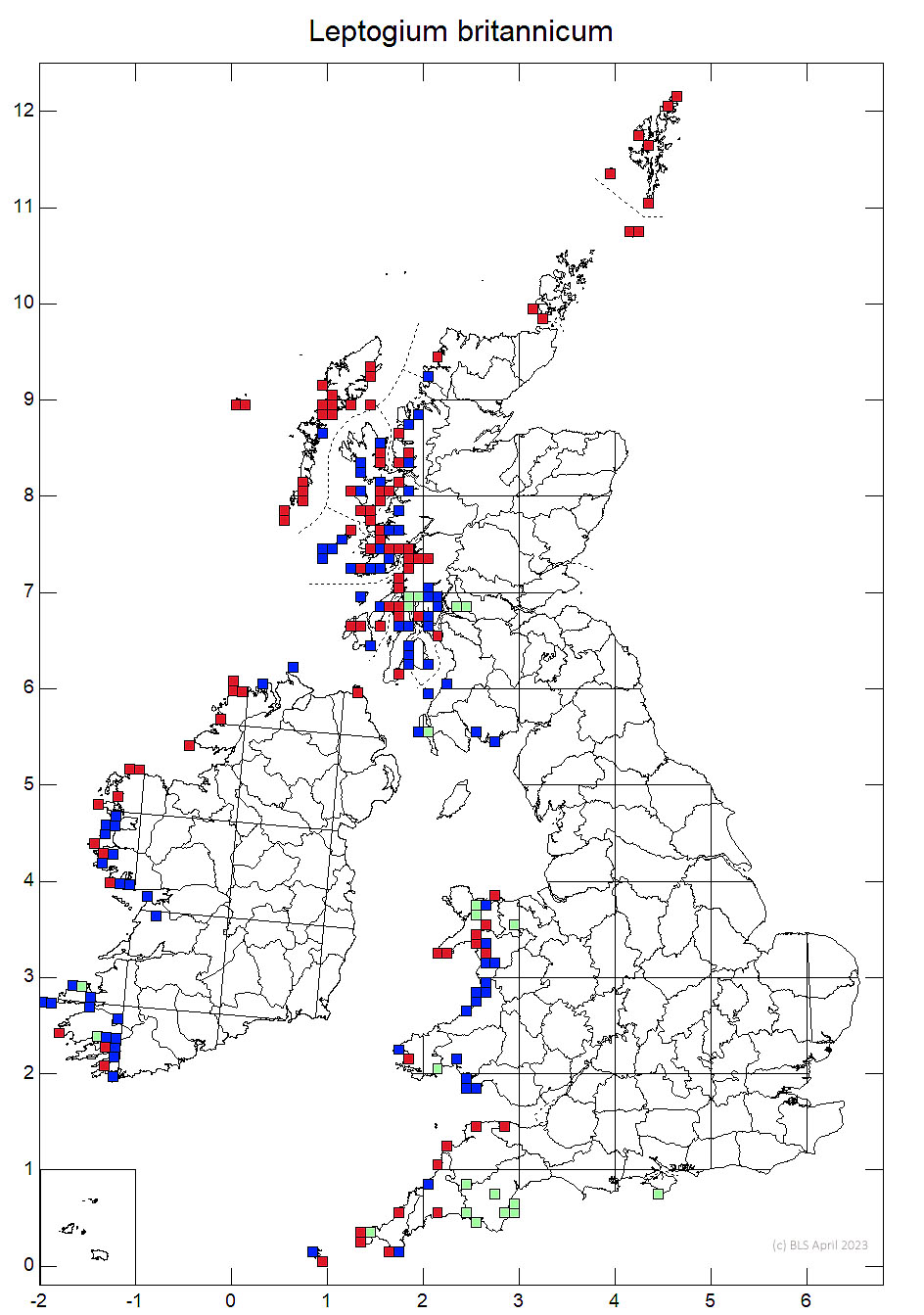 Leptogium britannicum 10km sq distribution map