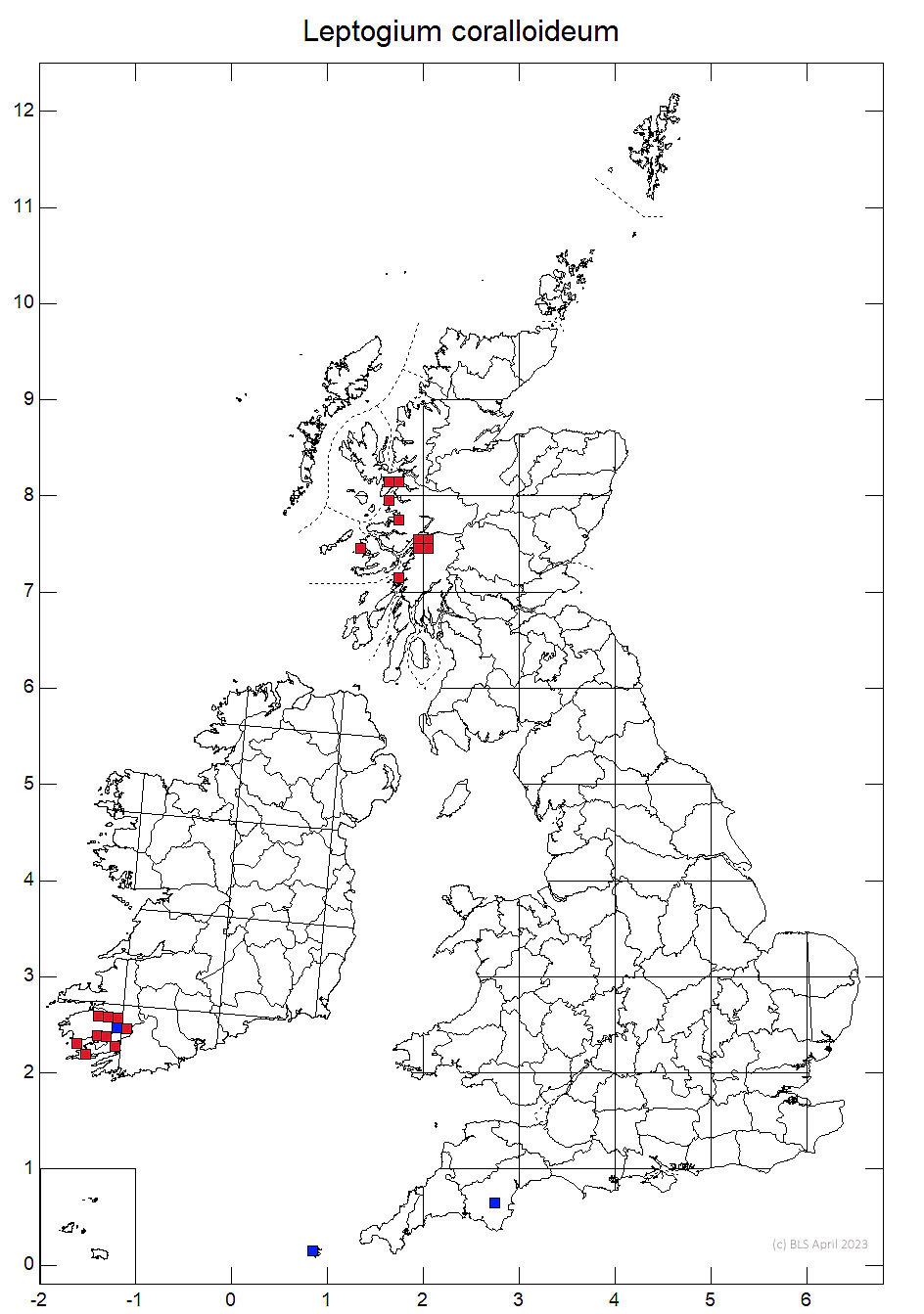 Leptogium coralloideum 10km sq distribution map
