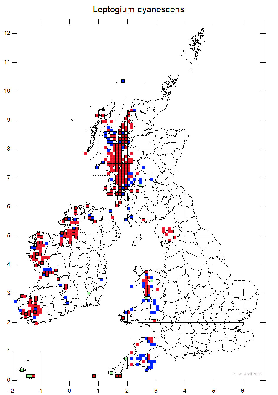 Leptogium cyanescens 10km sq distribution map