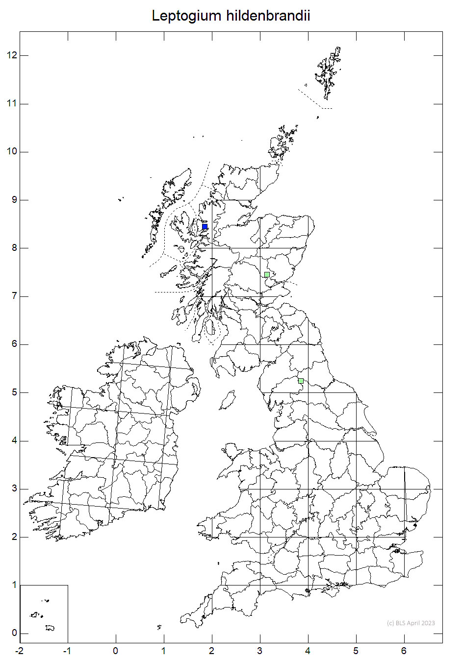 Leptogium hildenbrandii 10km sq distribution map