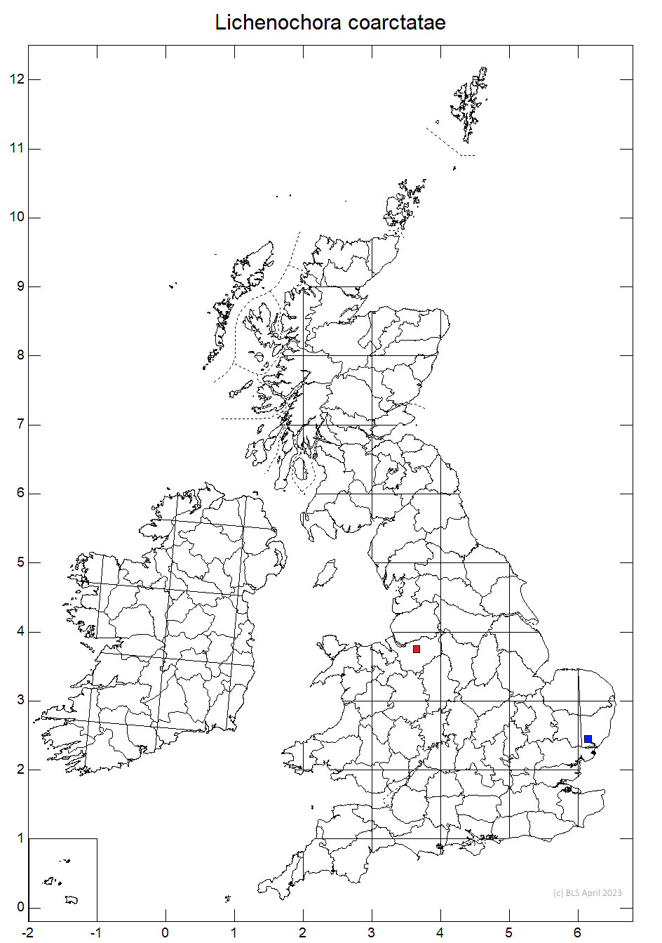 Lichenochora coarctatae 10km sq distribution map
