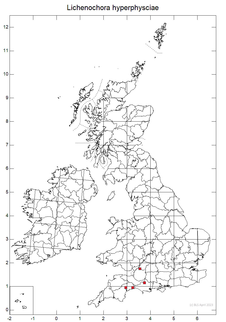 Lichenochora hyperphysciae 10km distribution map