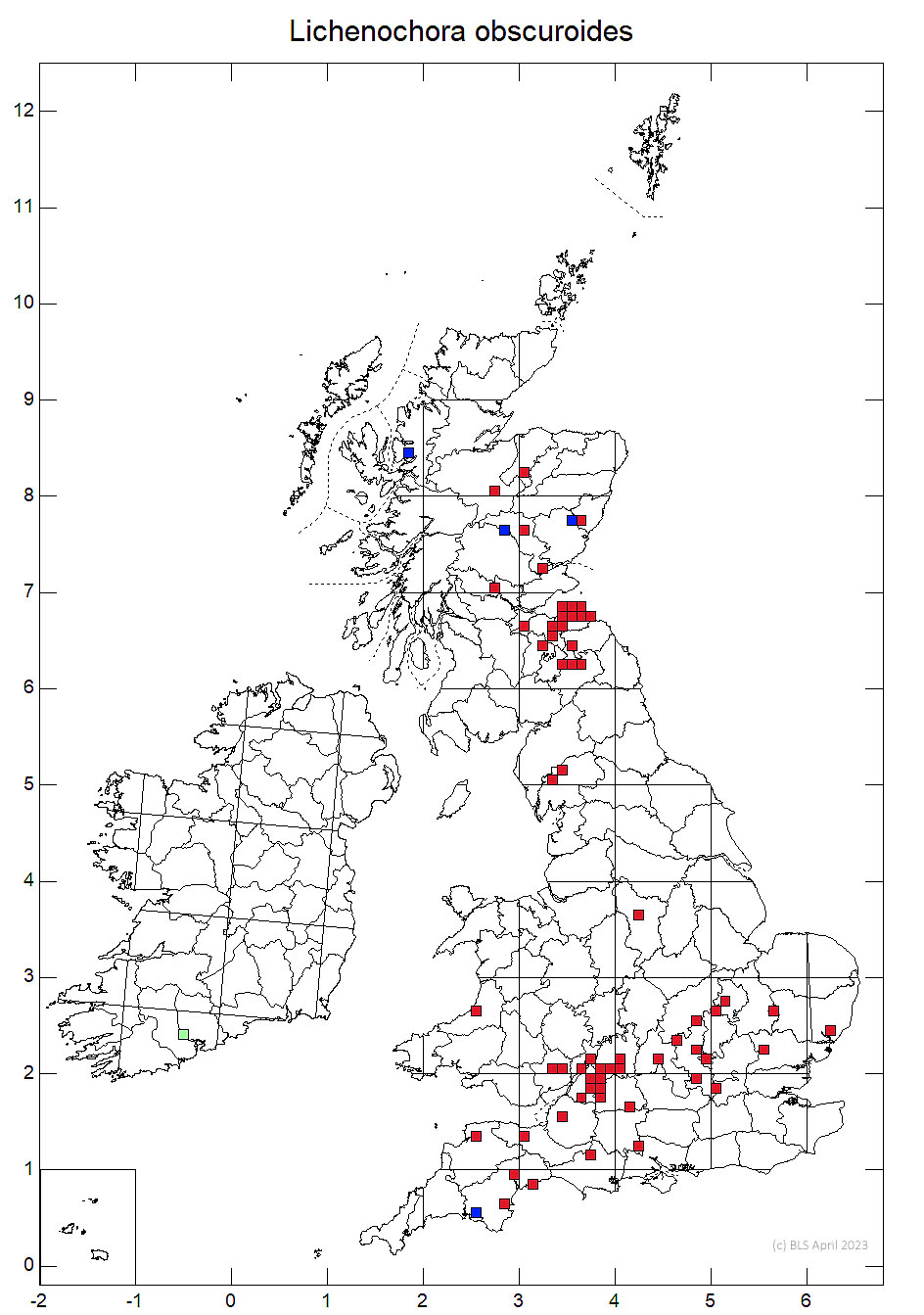 Lichenochora obscuroides 10km sq distribution map