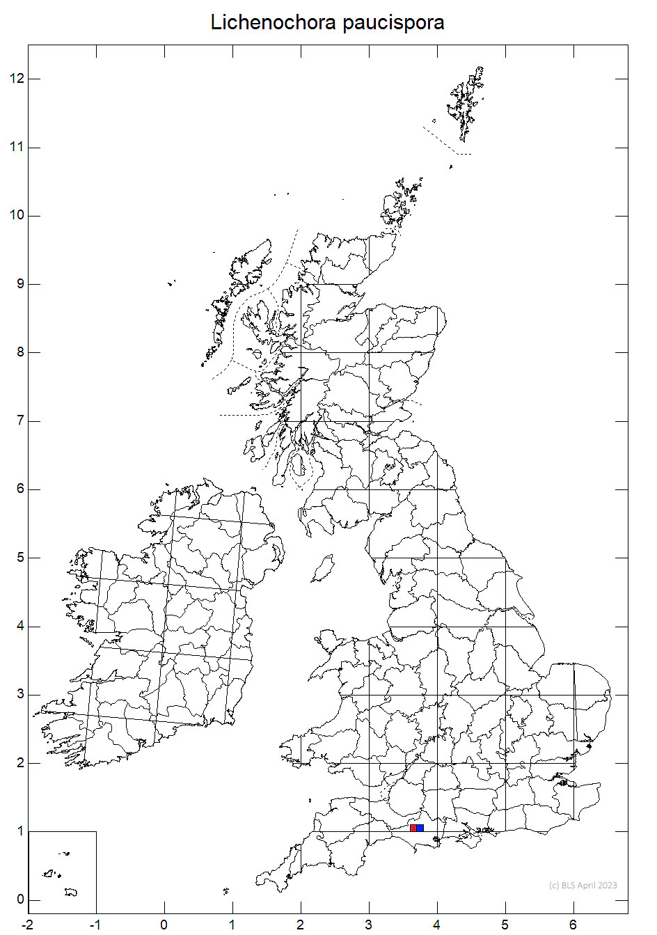 Lichenochora paucispora 10km distribution map
