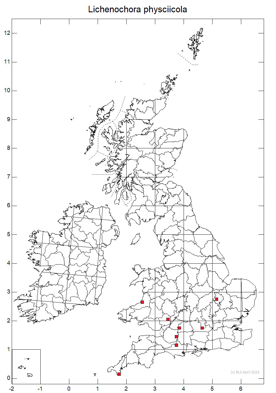 Lichenochora physciicola 10km distribution map