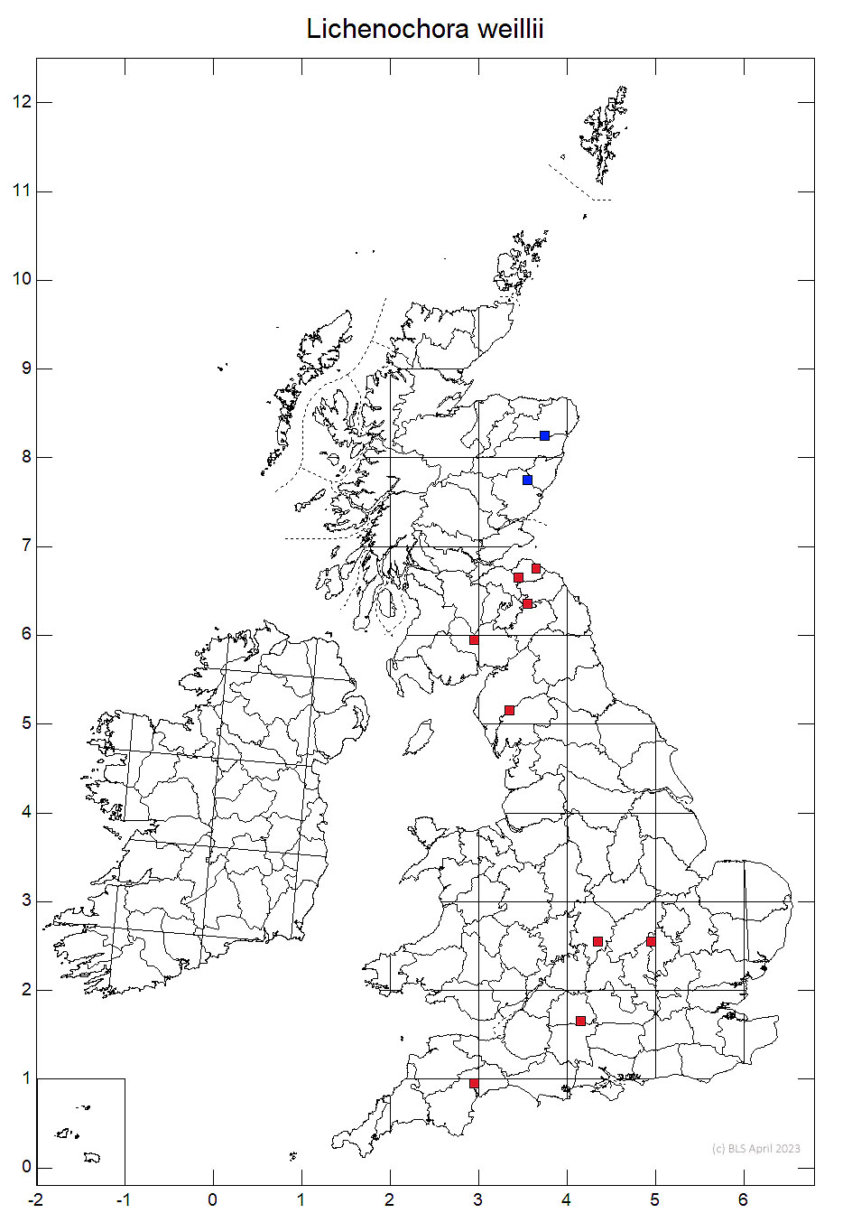 Lichenochora weillii 10km sq distribution map