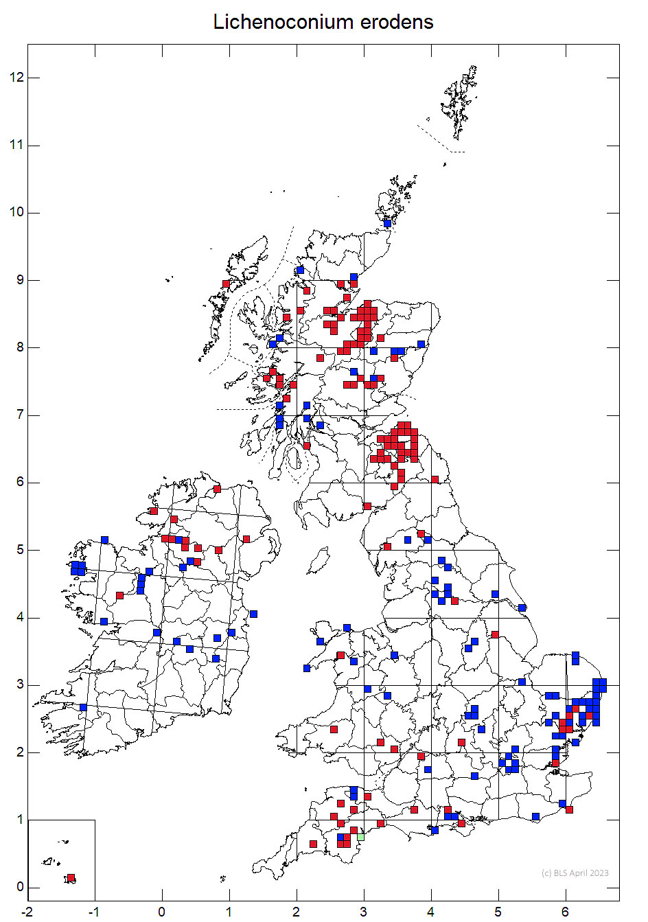 Lichenoconium erodens 10km sq distribution map