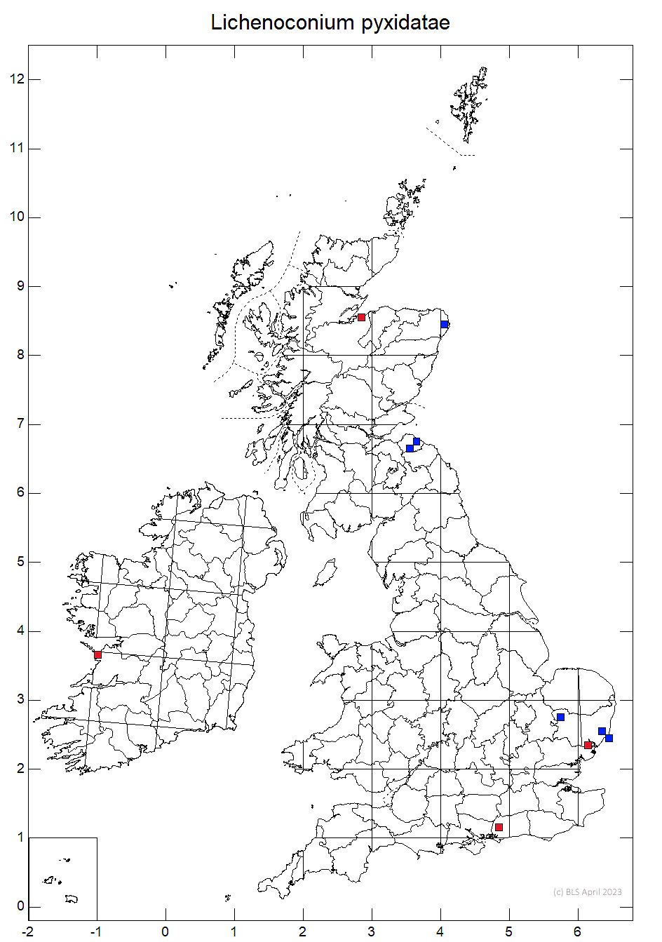 Lichenoconium pyxidatae 10km sq distribution map