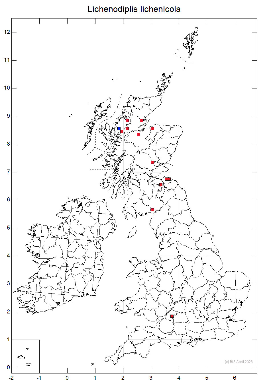 Lichenodiplis lichenicola 10km sq distribution map