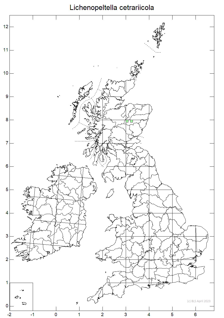 Lichenopeltella cetrariicola 10km sq distribution map