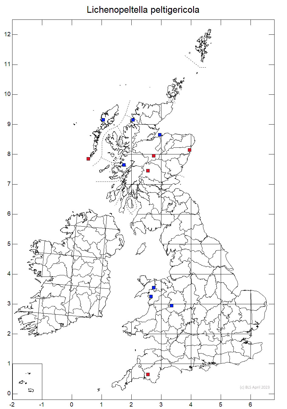 Lichenopeltella peltigericola 10km sq distribution map