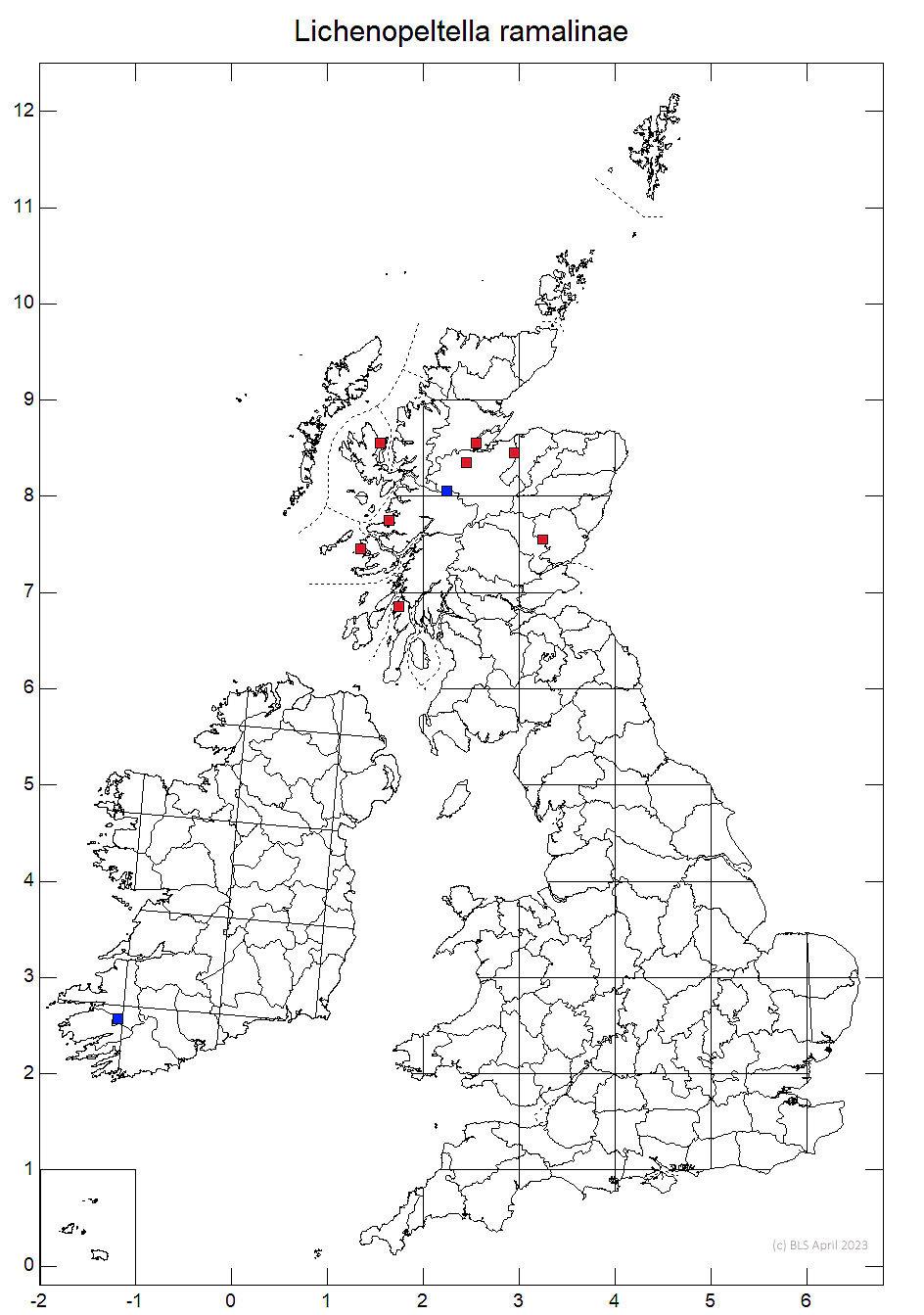 Lichenopeltella ramalinae 10km sq distribution map