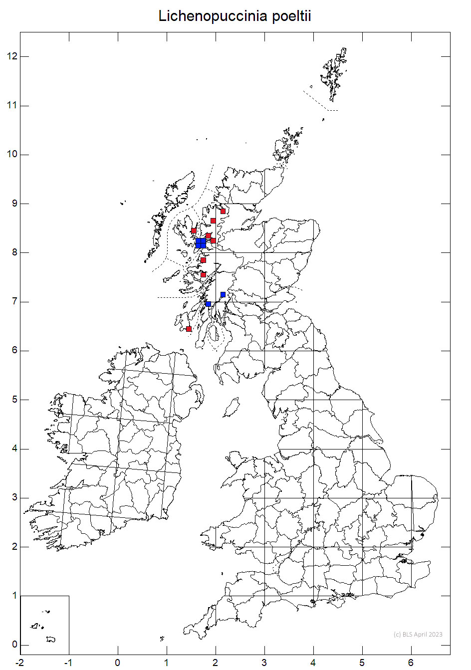 Lichenopuccinia poeltii 10km sq distribution map