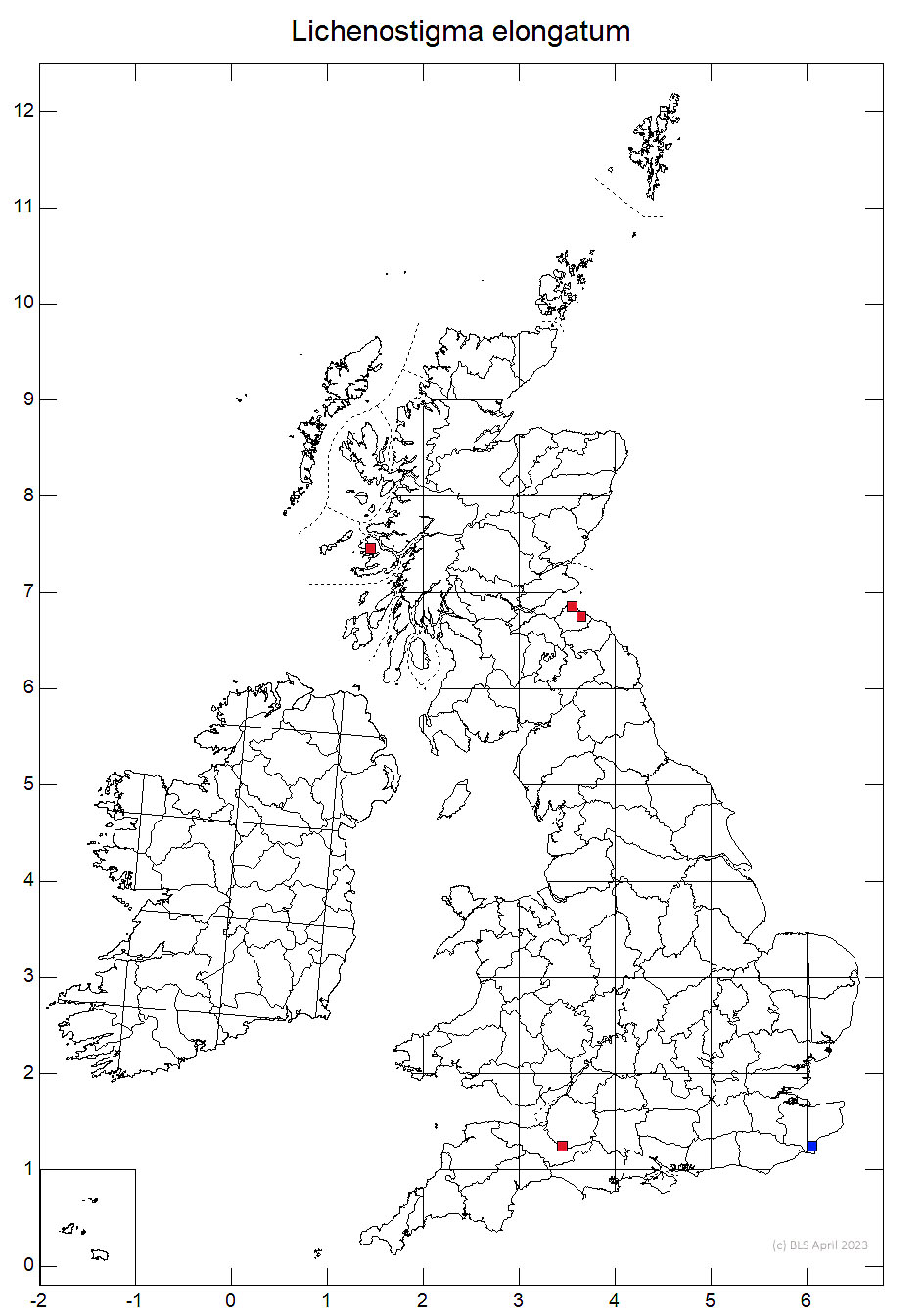 Lichenostigma elongatum 10km sq distribution map