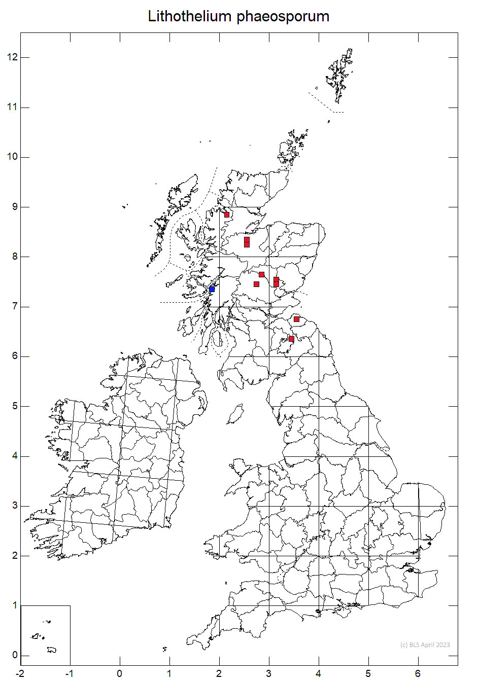 Lithothelium phaeosporum 10km sq distribution map