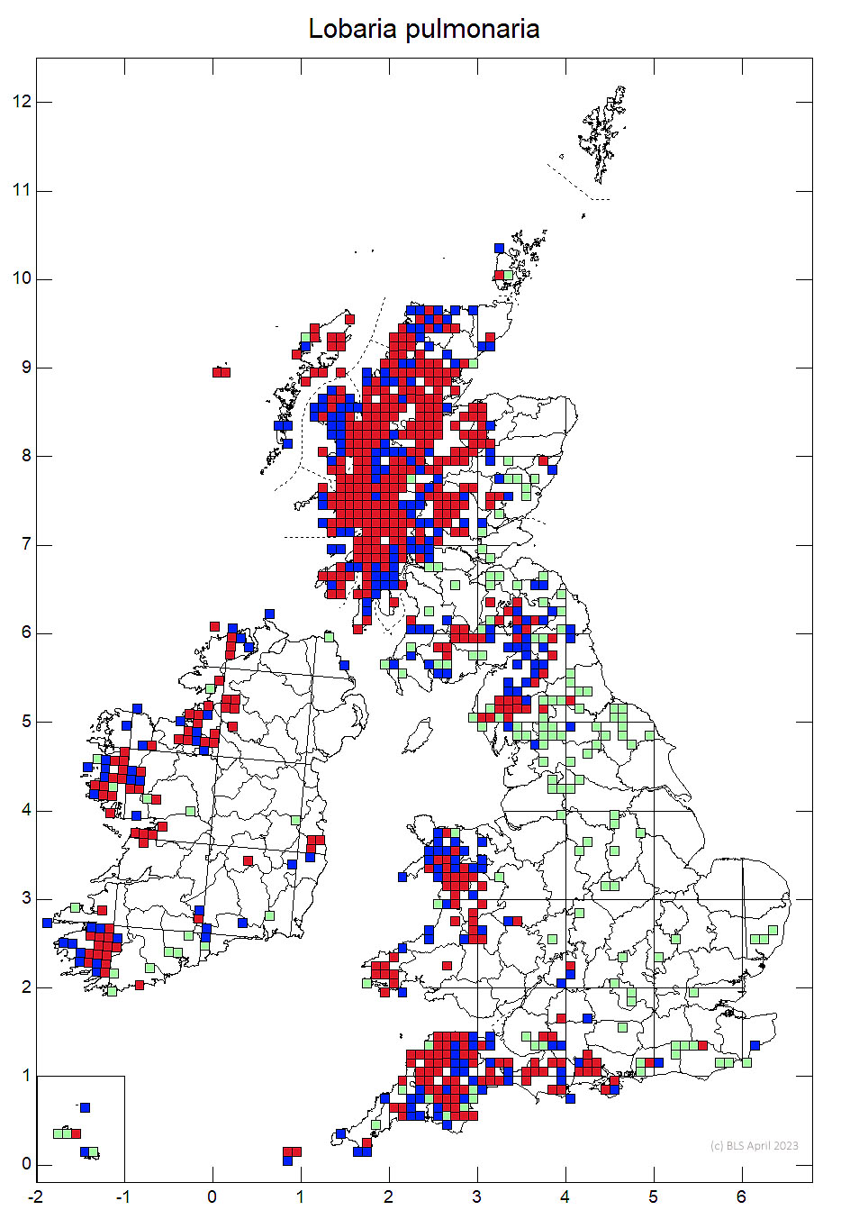 Lobaria pulmonaria 10km sq distribution - © British Lichen Society