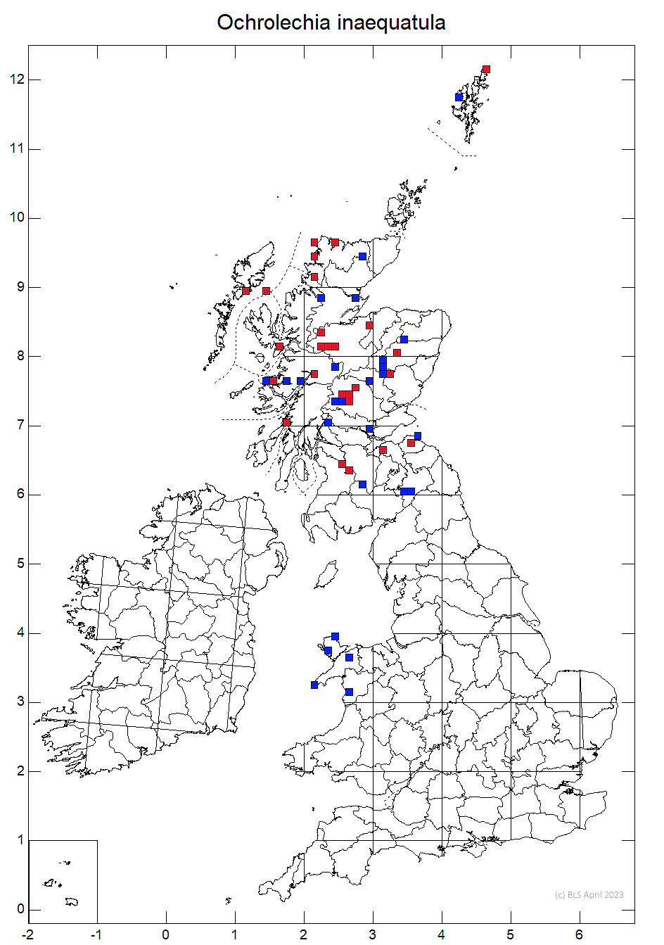 Ochrolechia inaequatula 10km sq distribution map