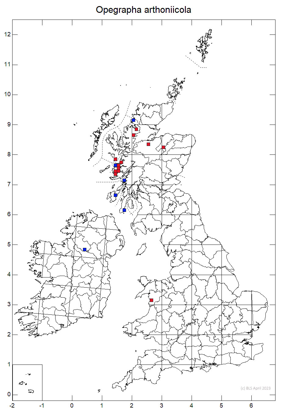 Opegrapha arthoniicola in ed. 10km distribution map