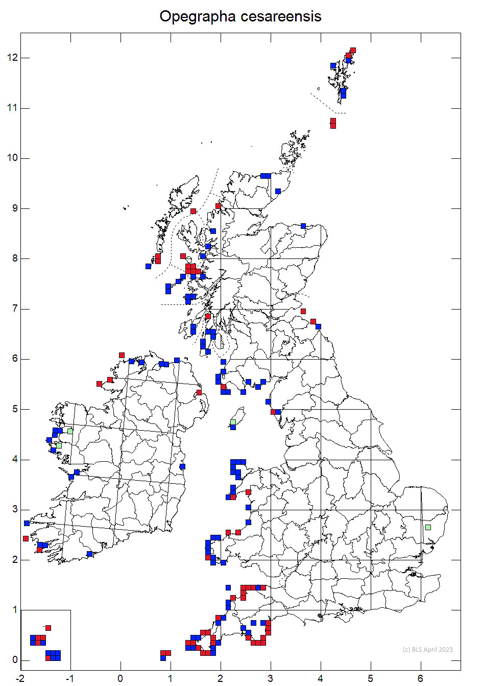 Opegrapha cesareensis 10km sq distribution map