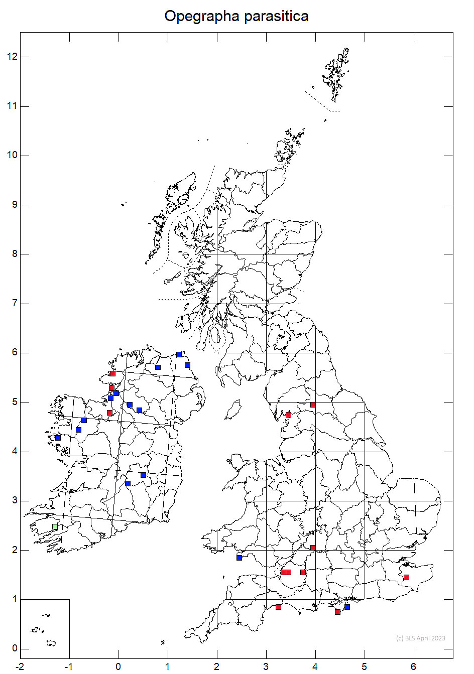 Opegrapha parasitica 10km sq distribution map