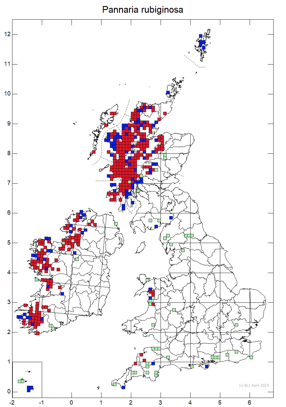 Pannaria rubiginosa 10km sq distribution map