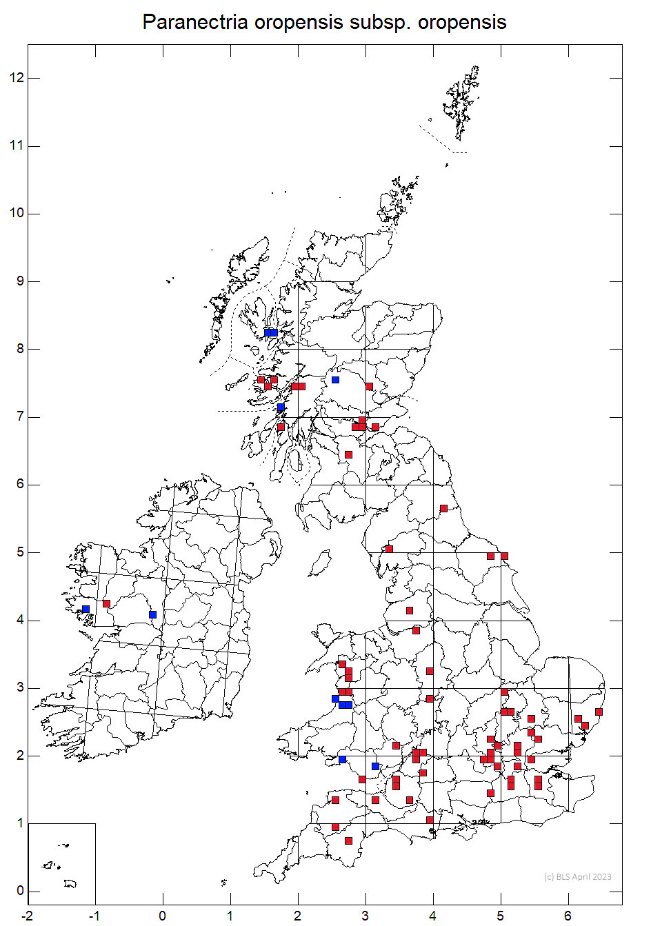 Paranectria oropensis subsp. oropensis 10km sq distribution map