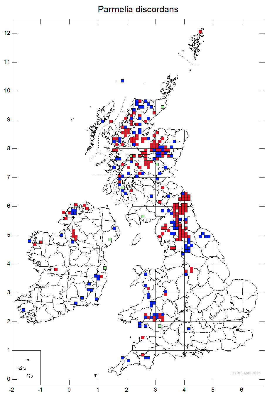 Parmelia discordans 10km sq distribution map