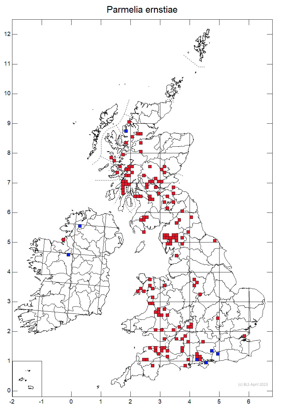 Parmelia ernstiae 10km sq distribution map