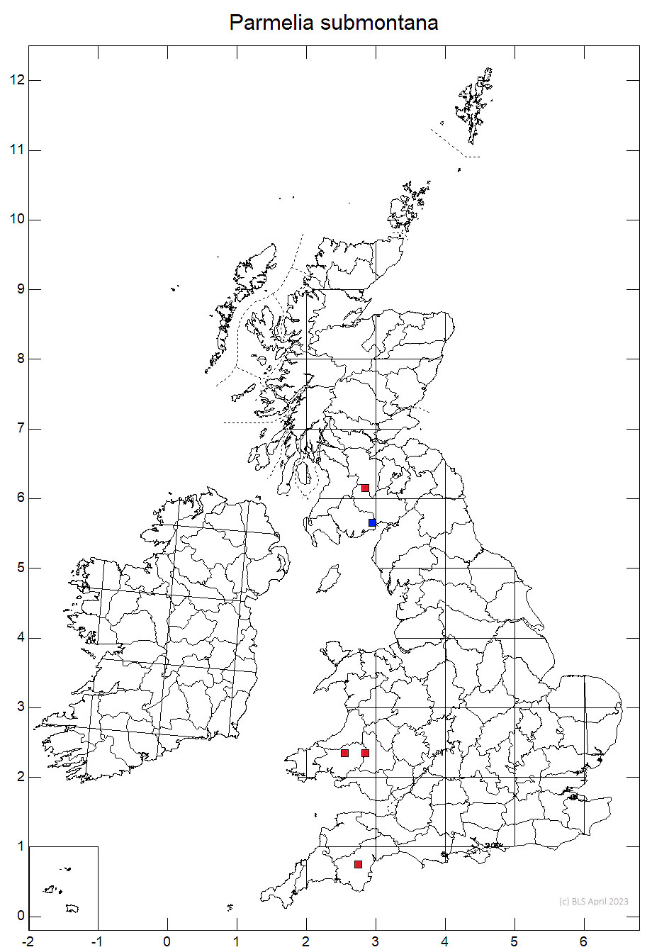 Parmelia submontana 10km sq distribution map