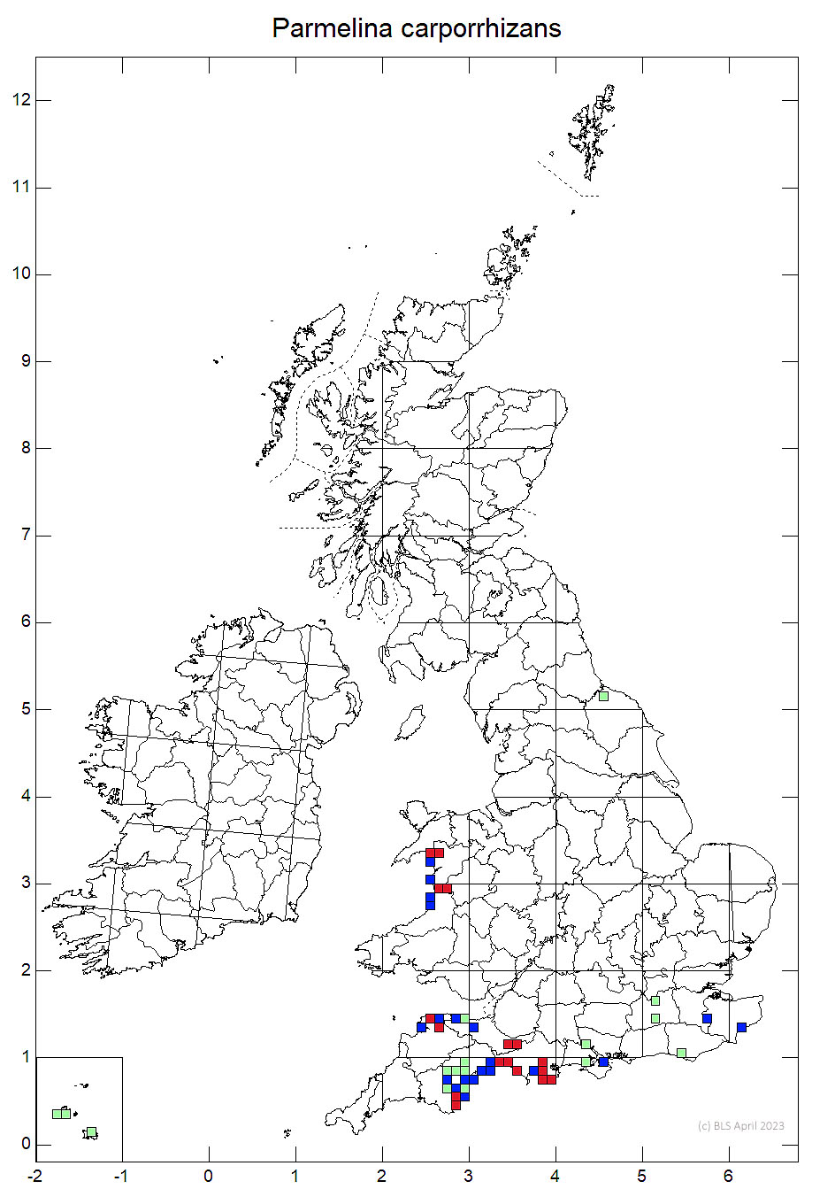 Parmelina carporrhizans 10km sq distribution map