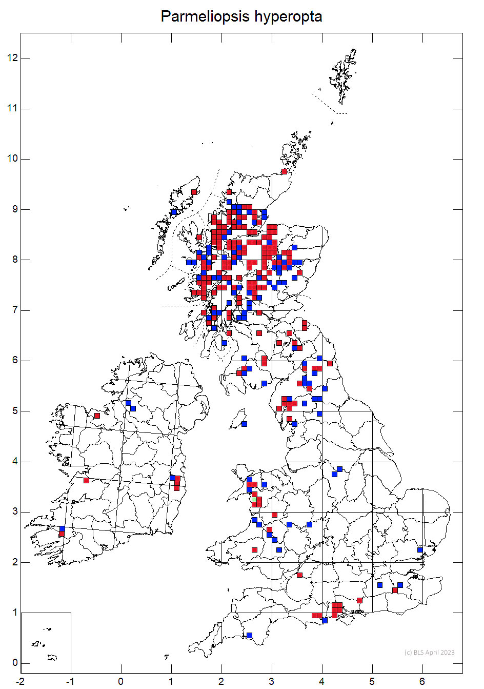 Parmeliopsis hyperopta 10km sq distribution map