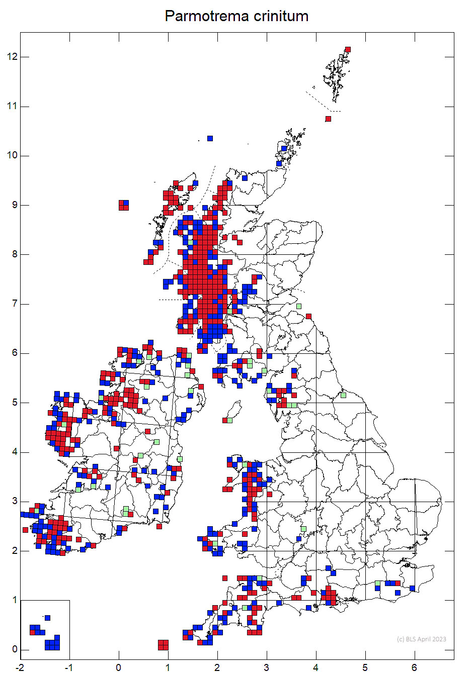 Parmotrema crinitum 10km sq distribution map