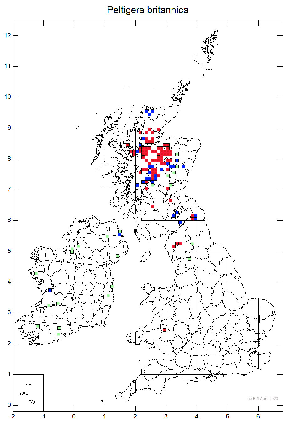 Peltigera britannica 10km sq distribution map