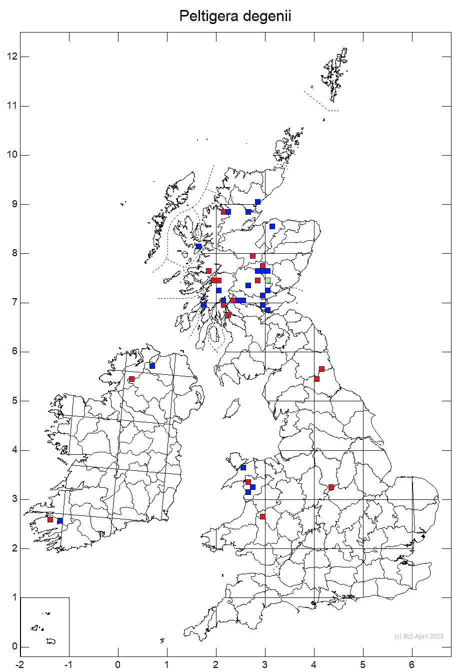 Peltigera degenii 10km sq distribution map