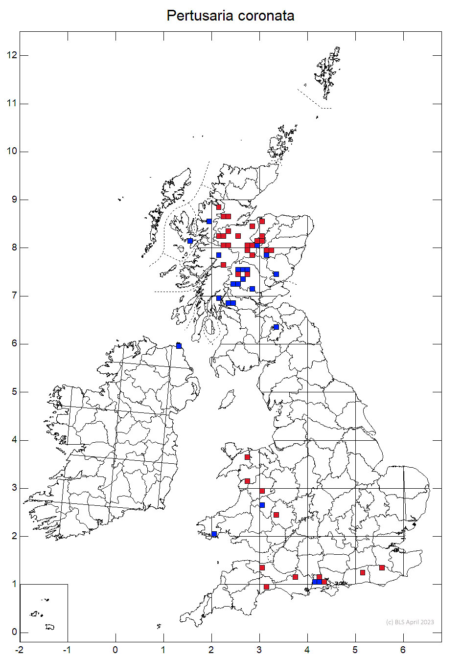 Pertusaria coronata 10km sq distribution map