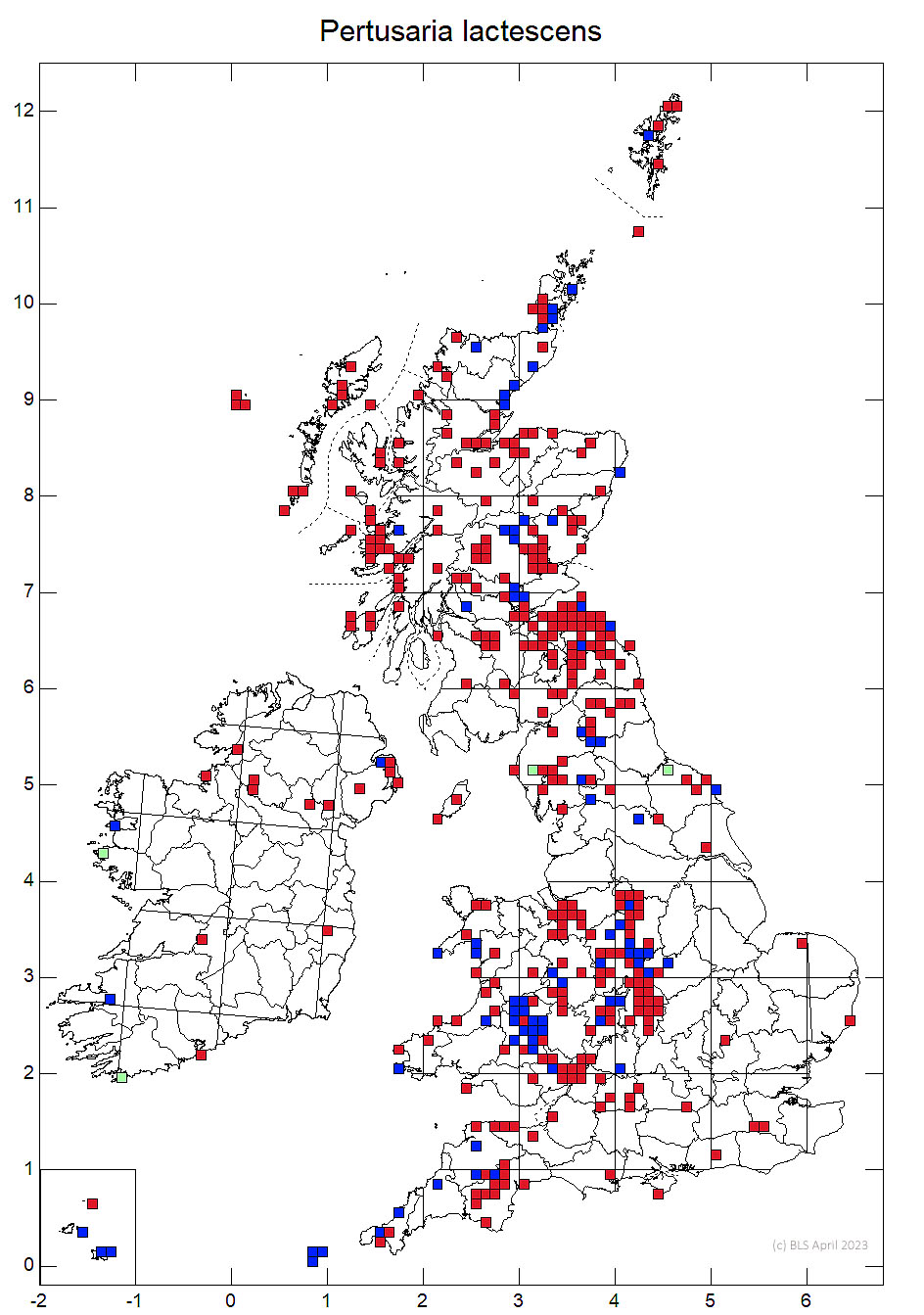 Pertusaria lactescens 10km sq distribution map