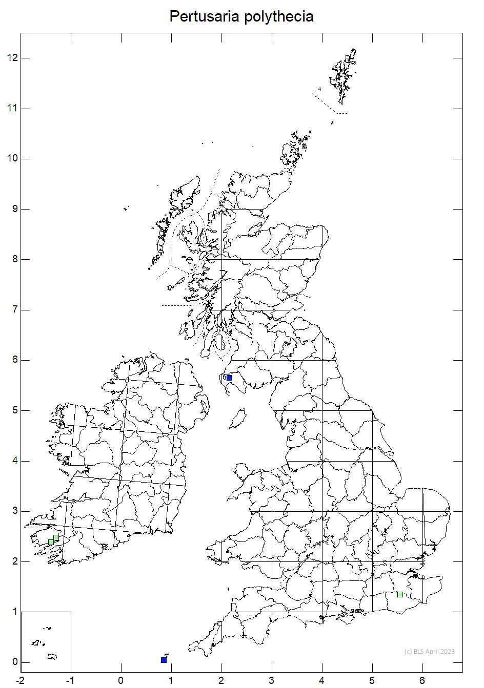 Pertusaria polythecia 10km sq distribution map
