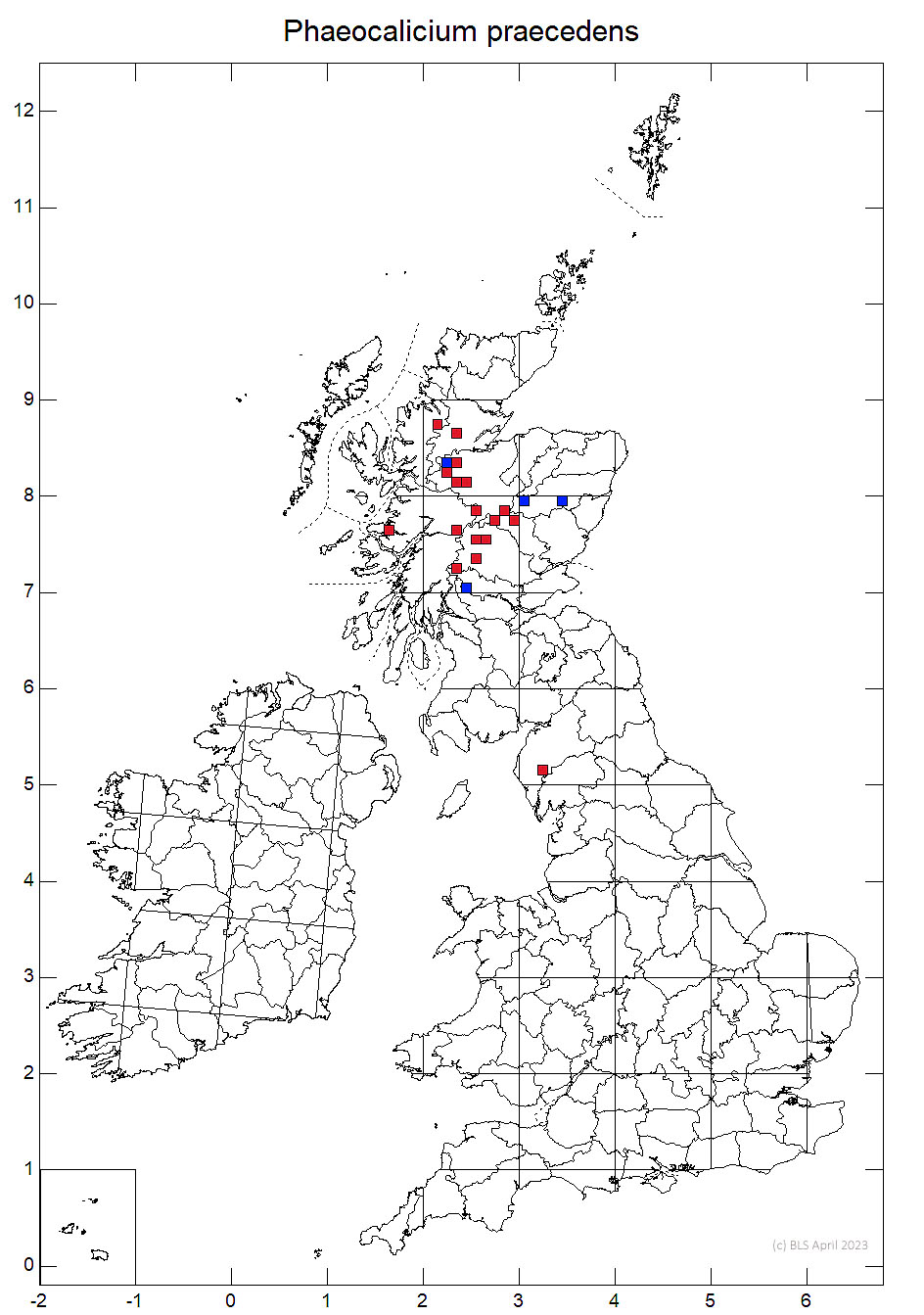 Phaeocalicium praecedens 10km sq distribution map