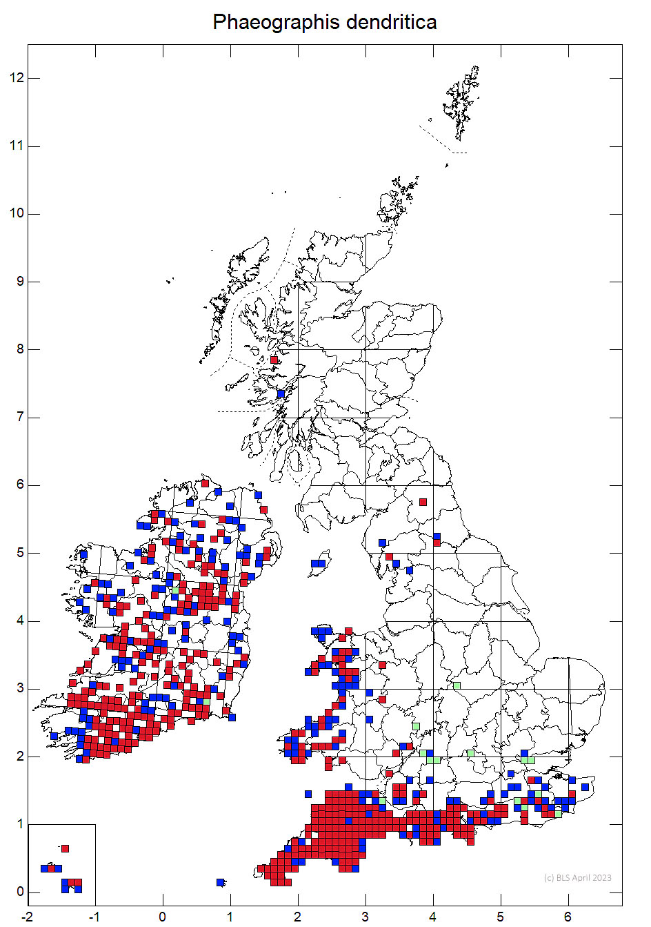 Phaeographis dendritica 10km sq distribution map