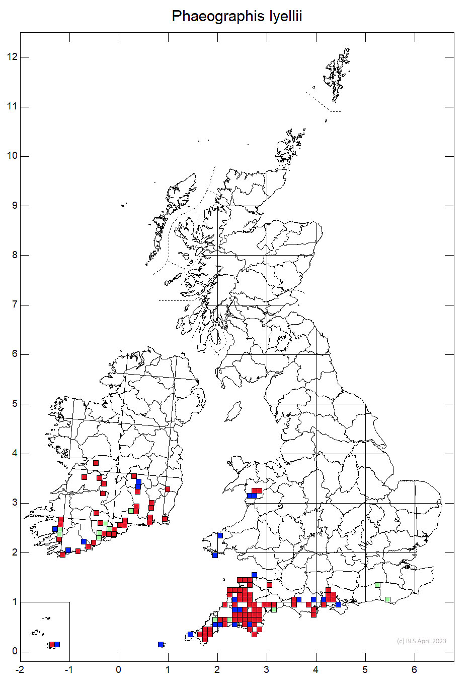 Phaeographis lyellii 10km sq distribution map